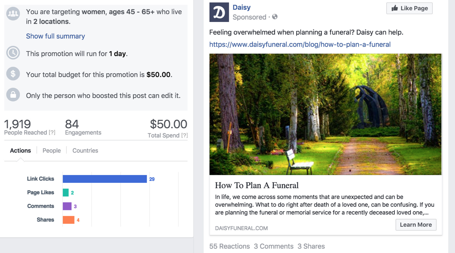 Screenshot of our Facebook analytics partway through the campaign.