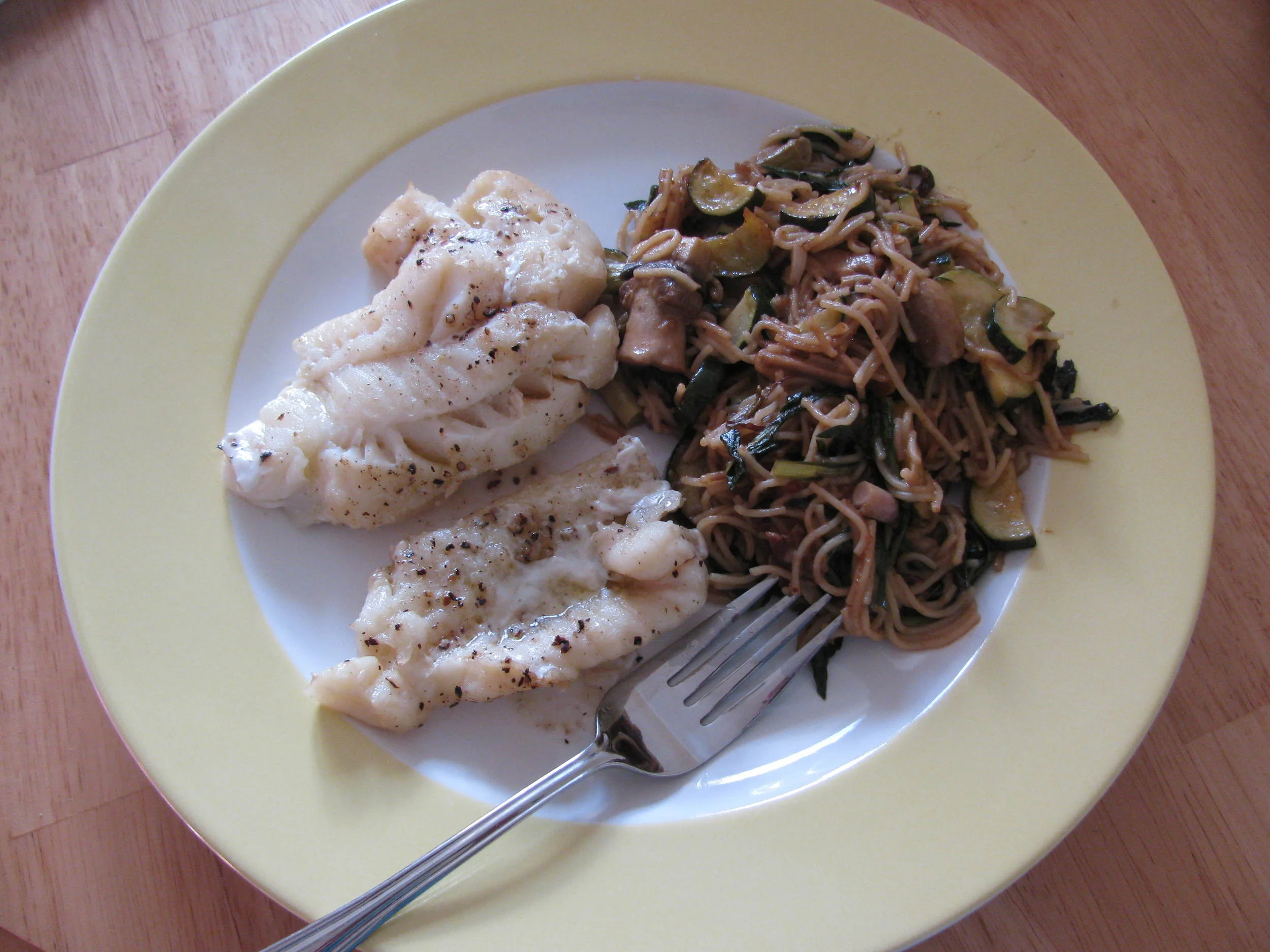 Wild food stir-fry and baked cod