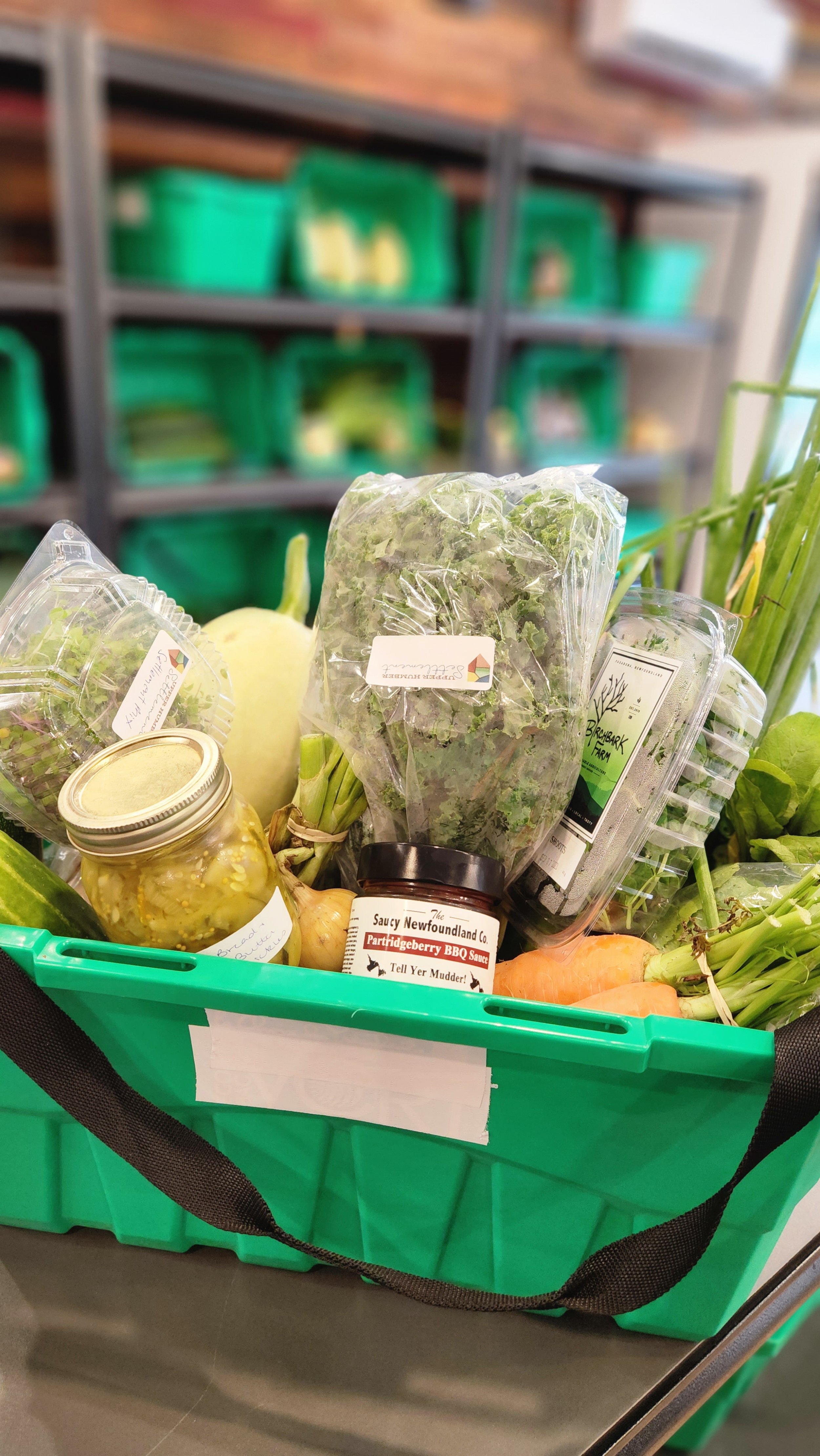  A green plastic bin in front of shelves holding more of the same, containing greens, carrots, onions, squash, and a jar each of pickle and jam. 