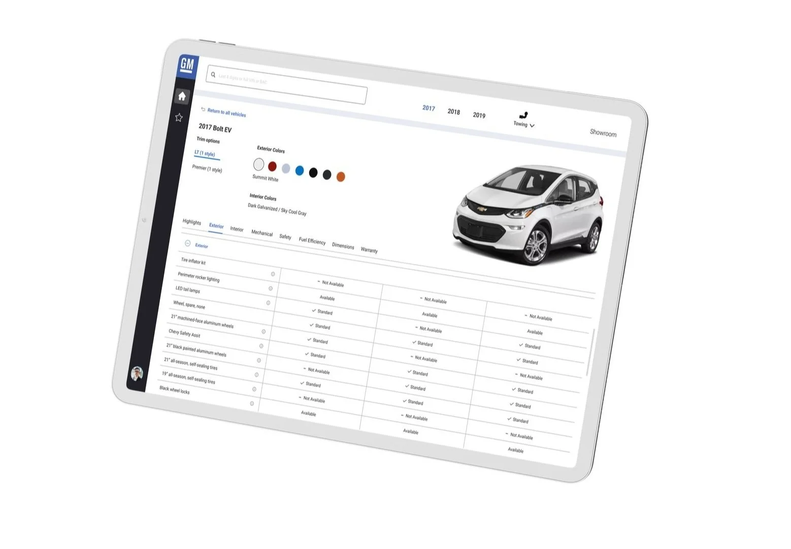 A floating tablet showing detailed information about a 2017 Chevy Volt EV, such as the available color options, trim levels, and add-on options.