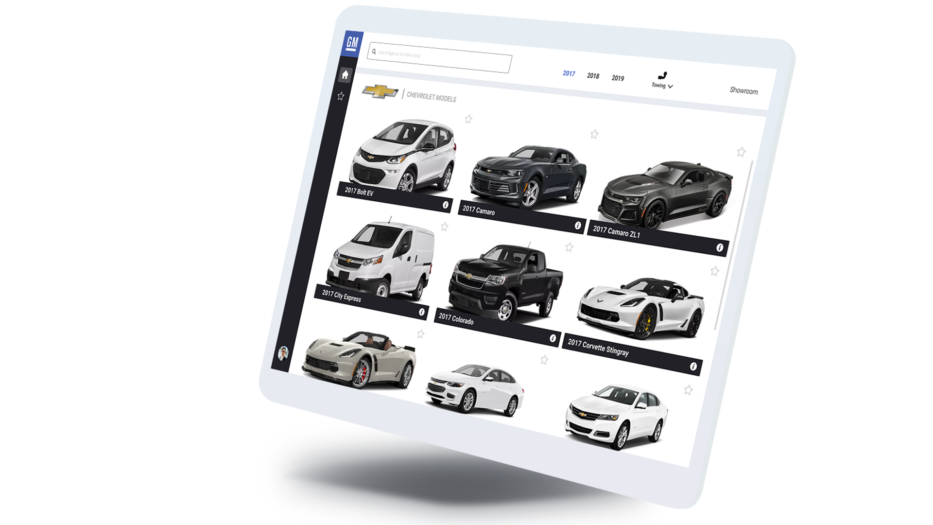 A floating tablet with a shadow underneath showing the home page of the showroom application