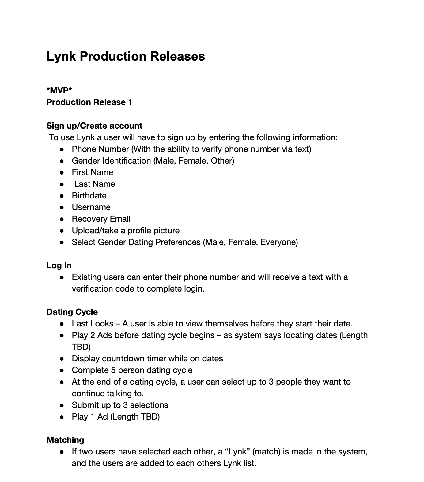A document showing Lynk's first production release notes for its MVP