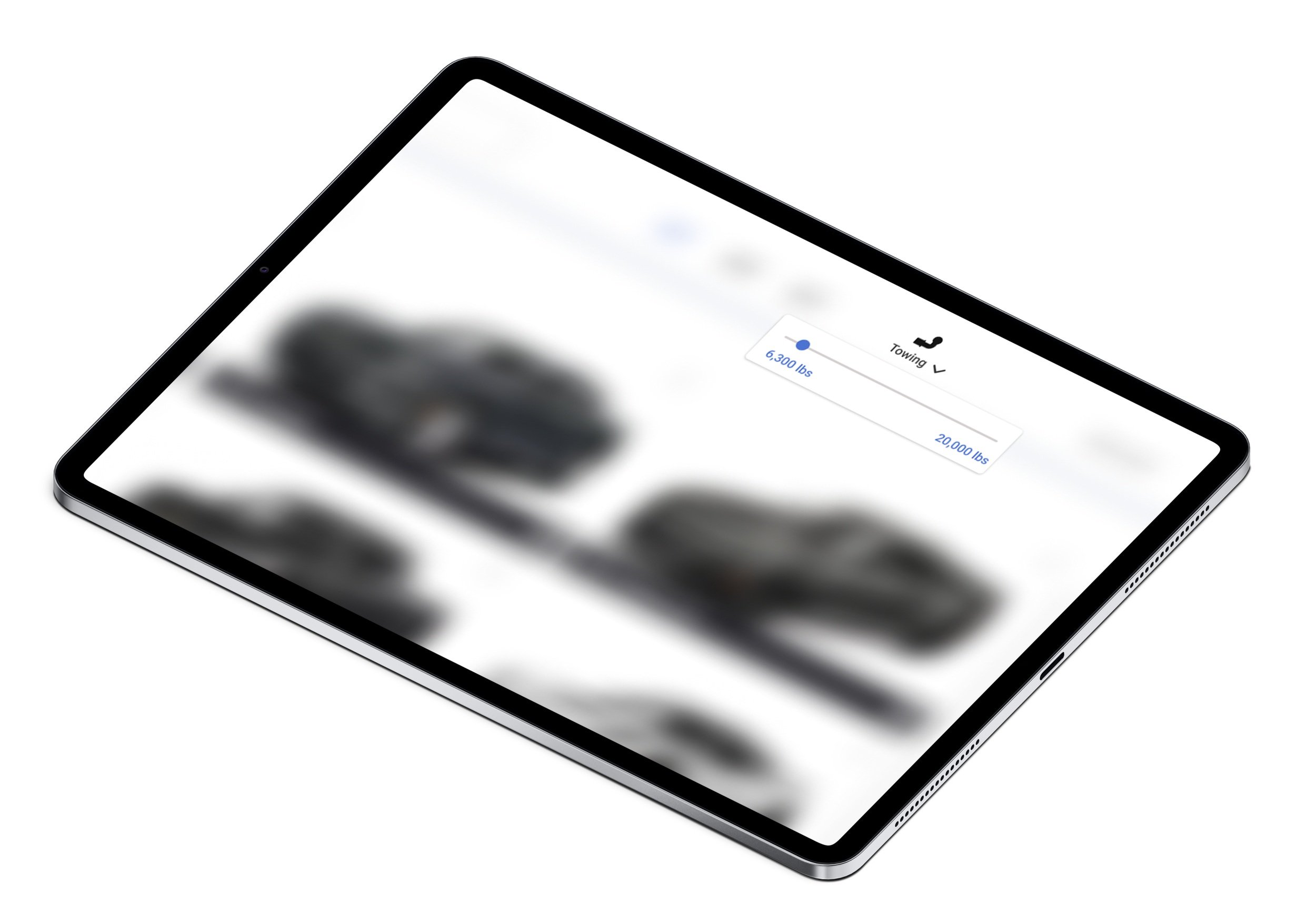 A tablet laying flat showcasing the towing filter in the application