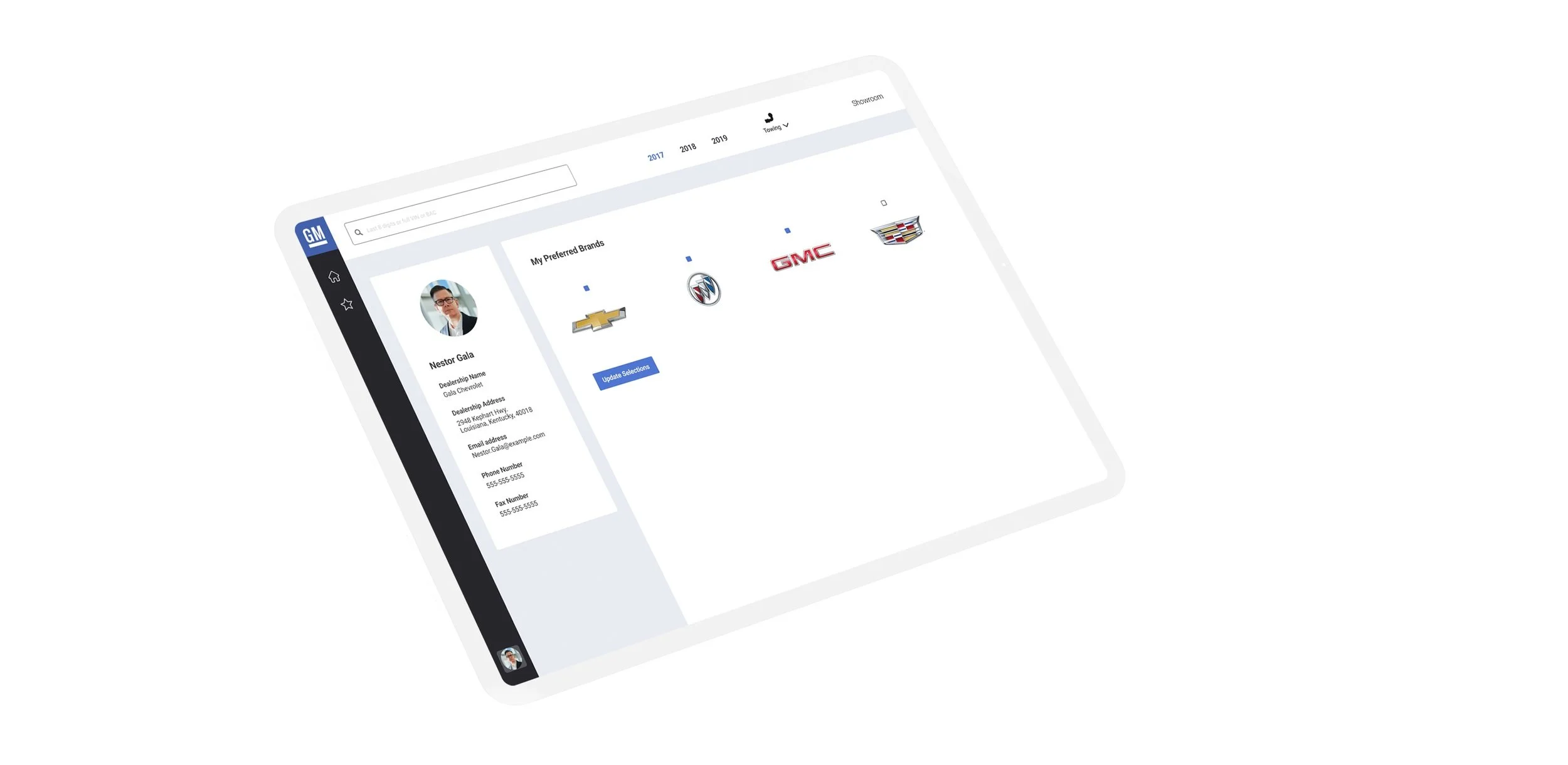A tablet showing the my profile page of the showroom application. It shows a salesperson who has selected to only show Chevy, Buick, and GMC cars in their application.