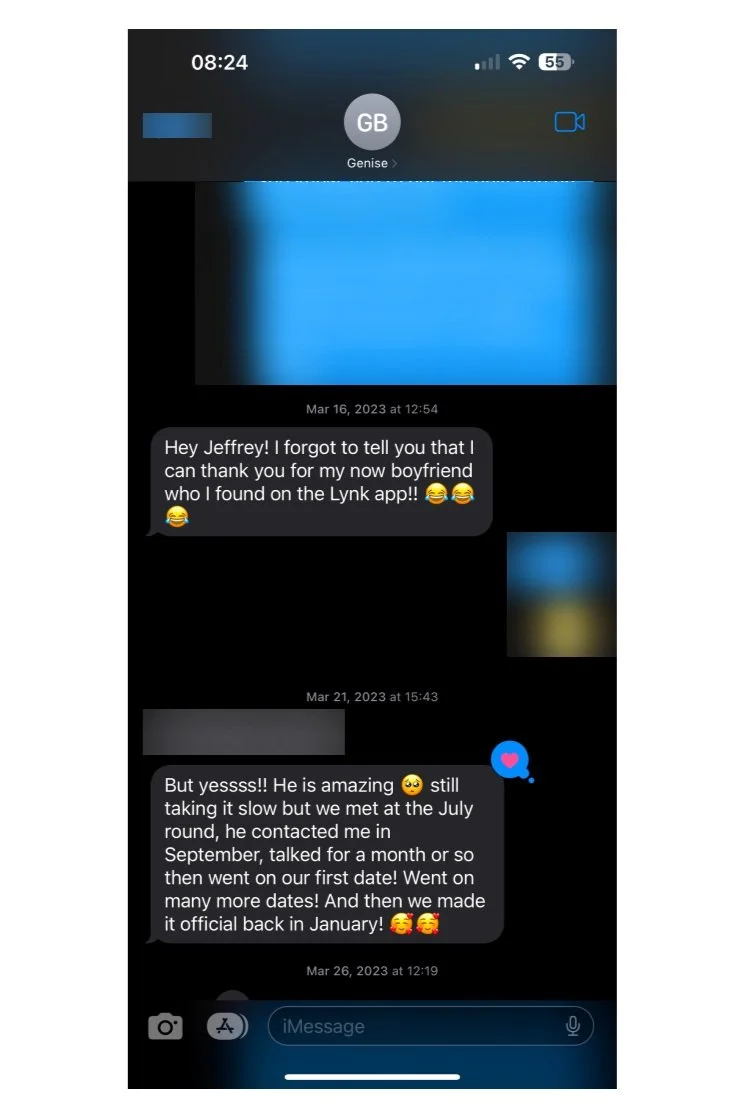 A text message showing a former middle school classmate, who shares she found her partner on the Lynk app