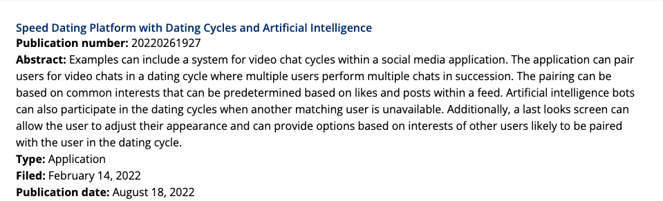 An image showing a US patent Lynk secured for it's video dating technology