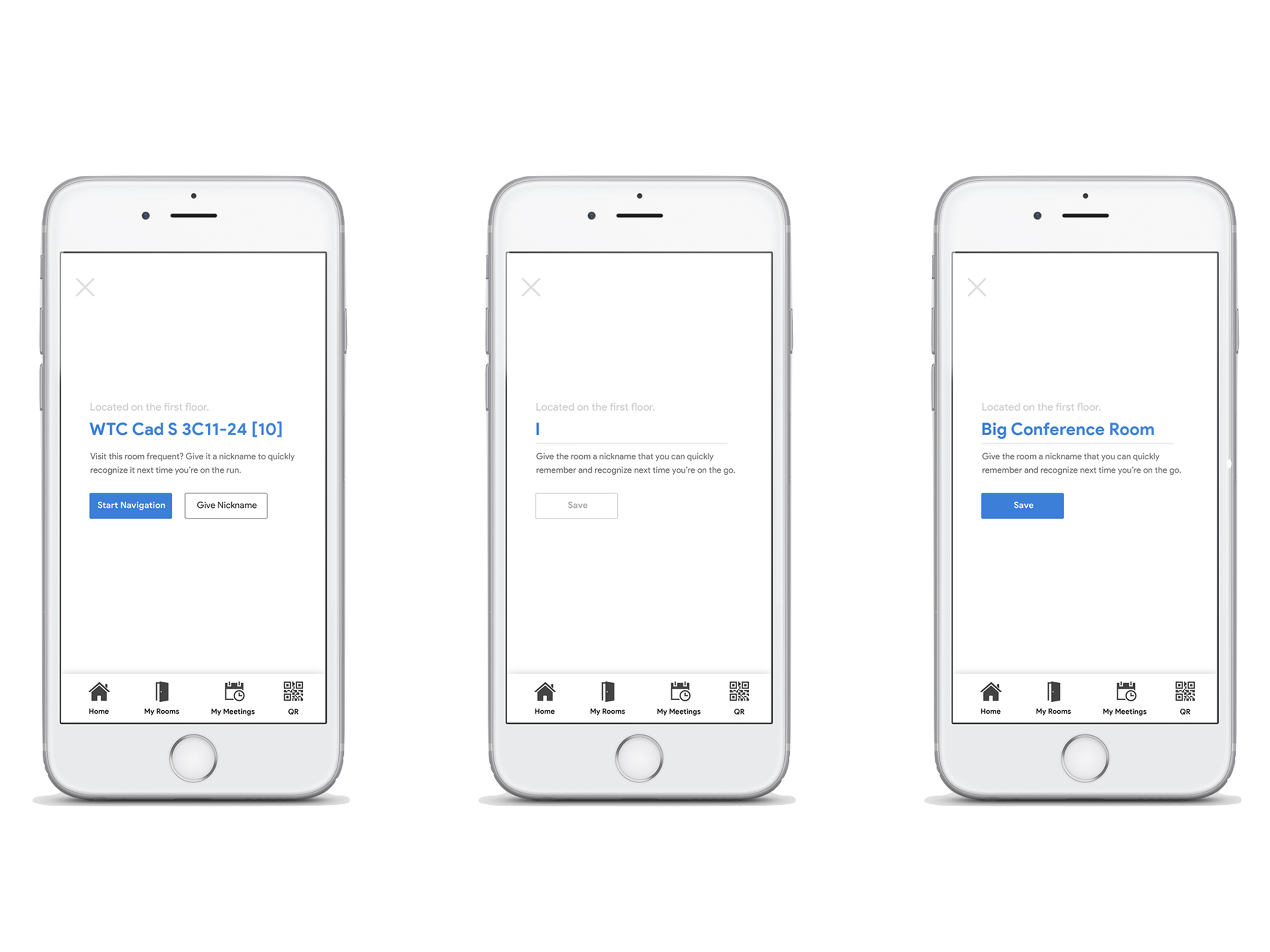 Group of 3 iPhone mock-ups showing room name customization functionality