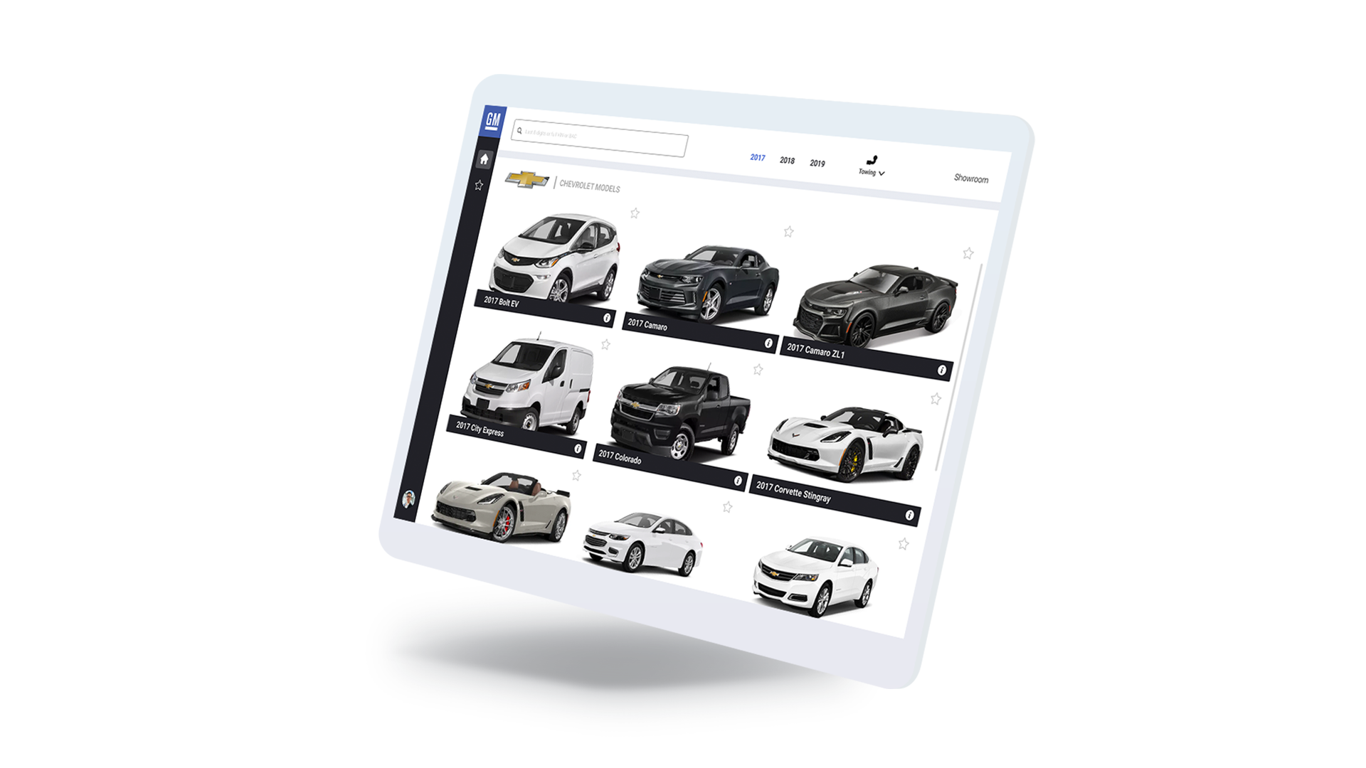 An tablet mock-up showing the landing page of the Showroom application