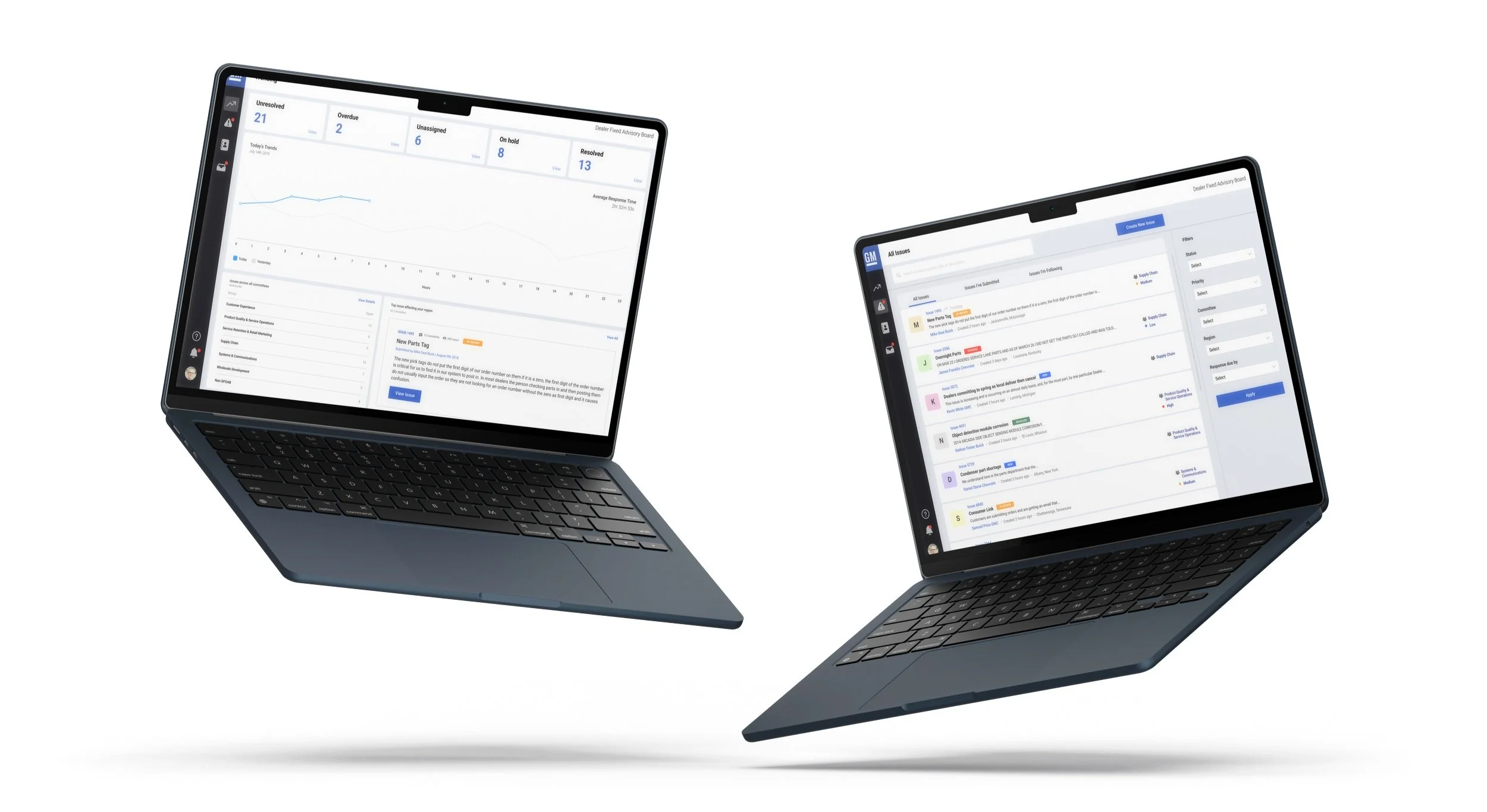 Two floating open laptops showing different screens within the Dealer Fixed Advisory Board Web Application