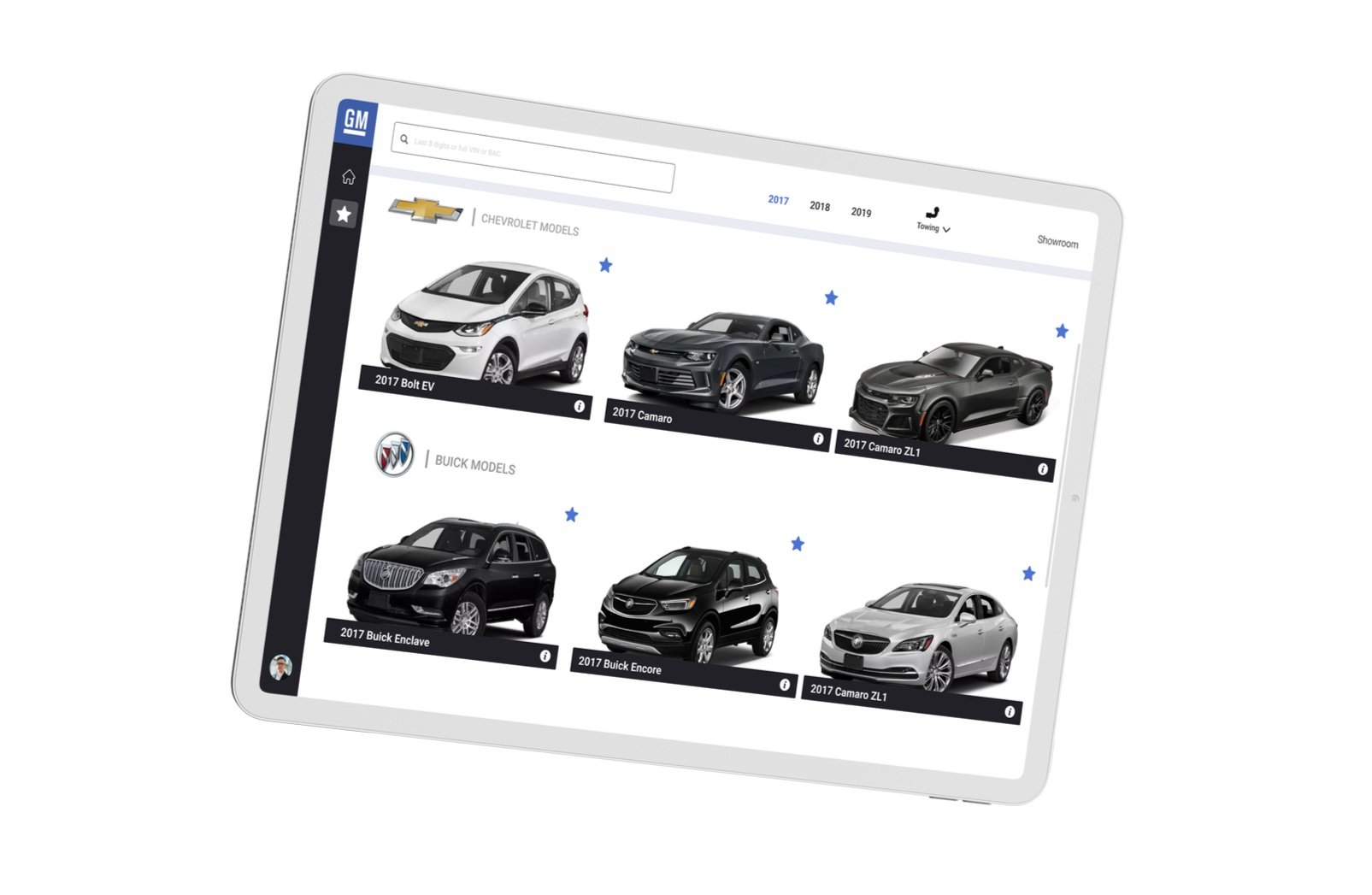 A floating tablet showing a screen that reflects starred or favorite vehicles a salesperson has saved on their account
