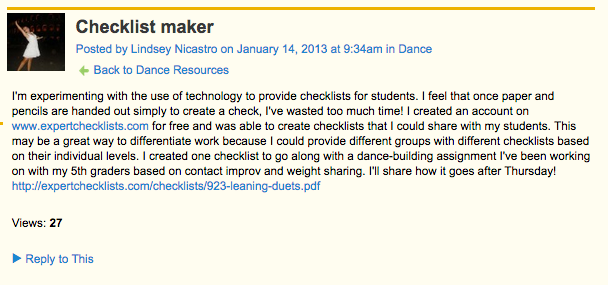 Using Ning's discussion forum, dance specialist Lindsey Nicastro shares strategies for distributing checklists. 