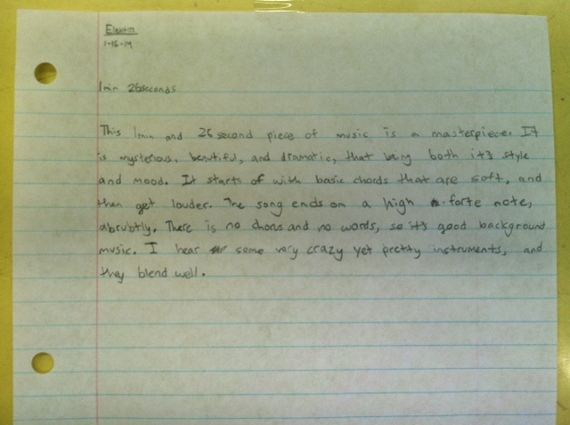 Example of student writing about musical mood.