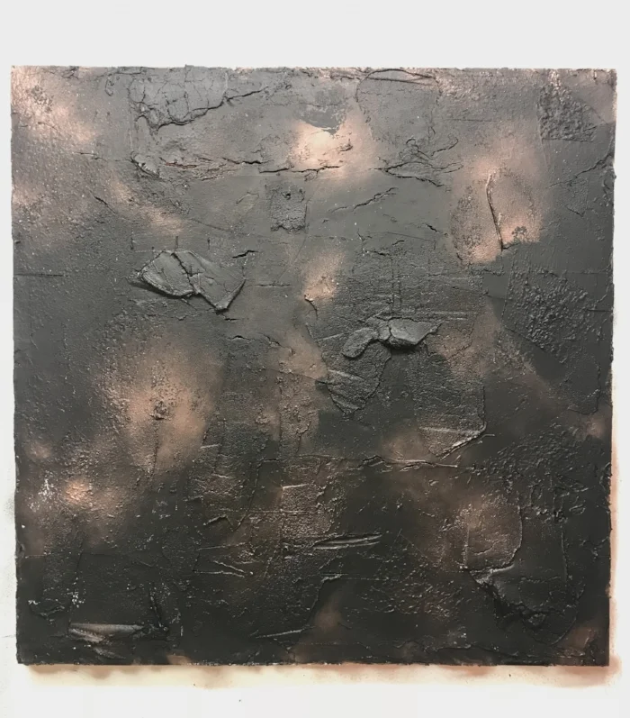 48”x48”- plaster, stucco, acrylic and aerosol on wood panel