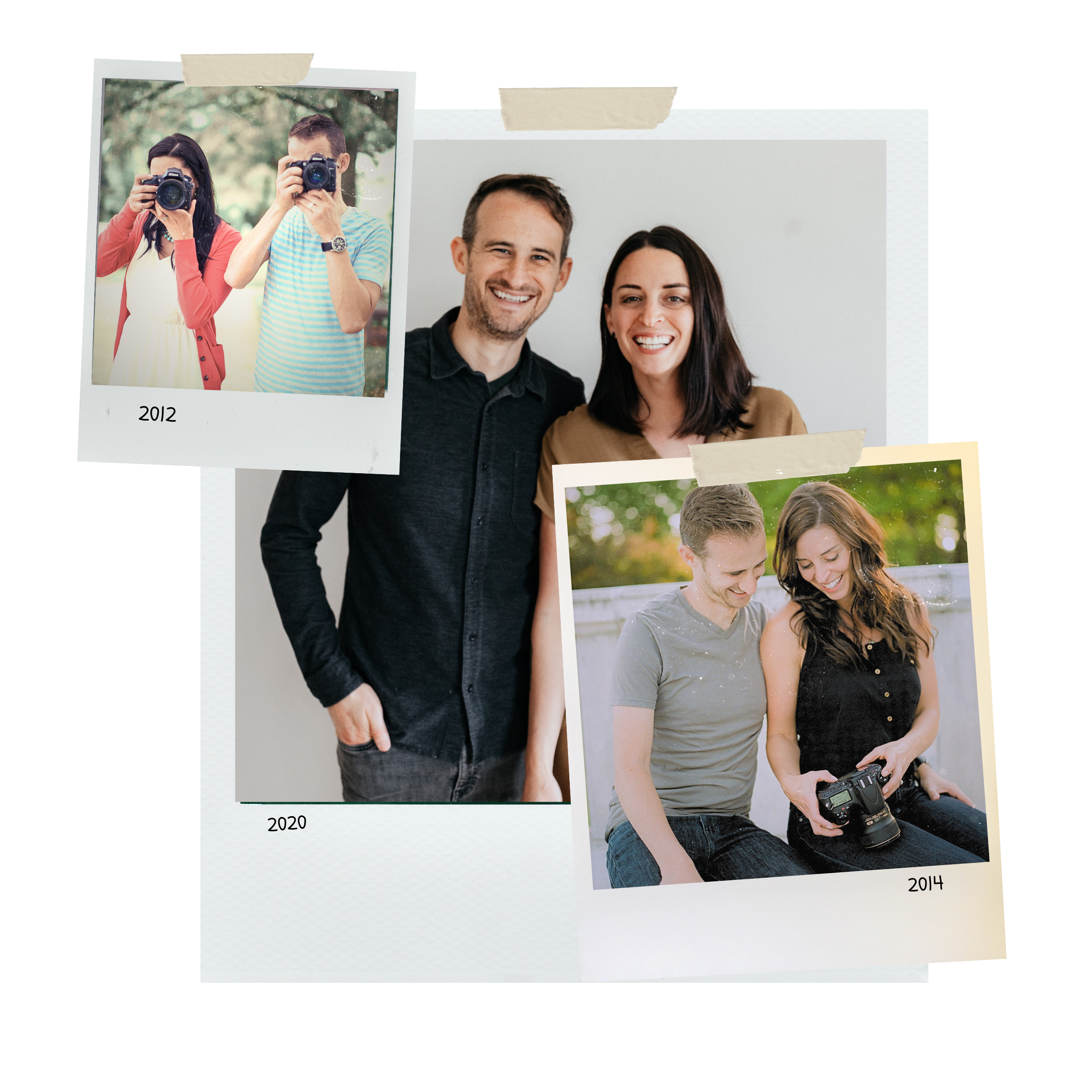 Collage of three photos showing a couple over several years. The 2012 photo features a man and woman taking photos with cameras outdoors, wearing casual clothes. The 2014 photo shows the couple sitting outside, smiling at a camera held by the woman, with the man with short hair and a woman with long curly hair. The 2020 photo depicts the couple standing close together, smiling confidently at the camera against a boxy gray background. The collage displays the years 2012, 2014, and 2020.