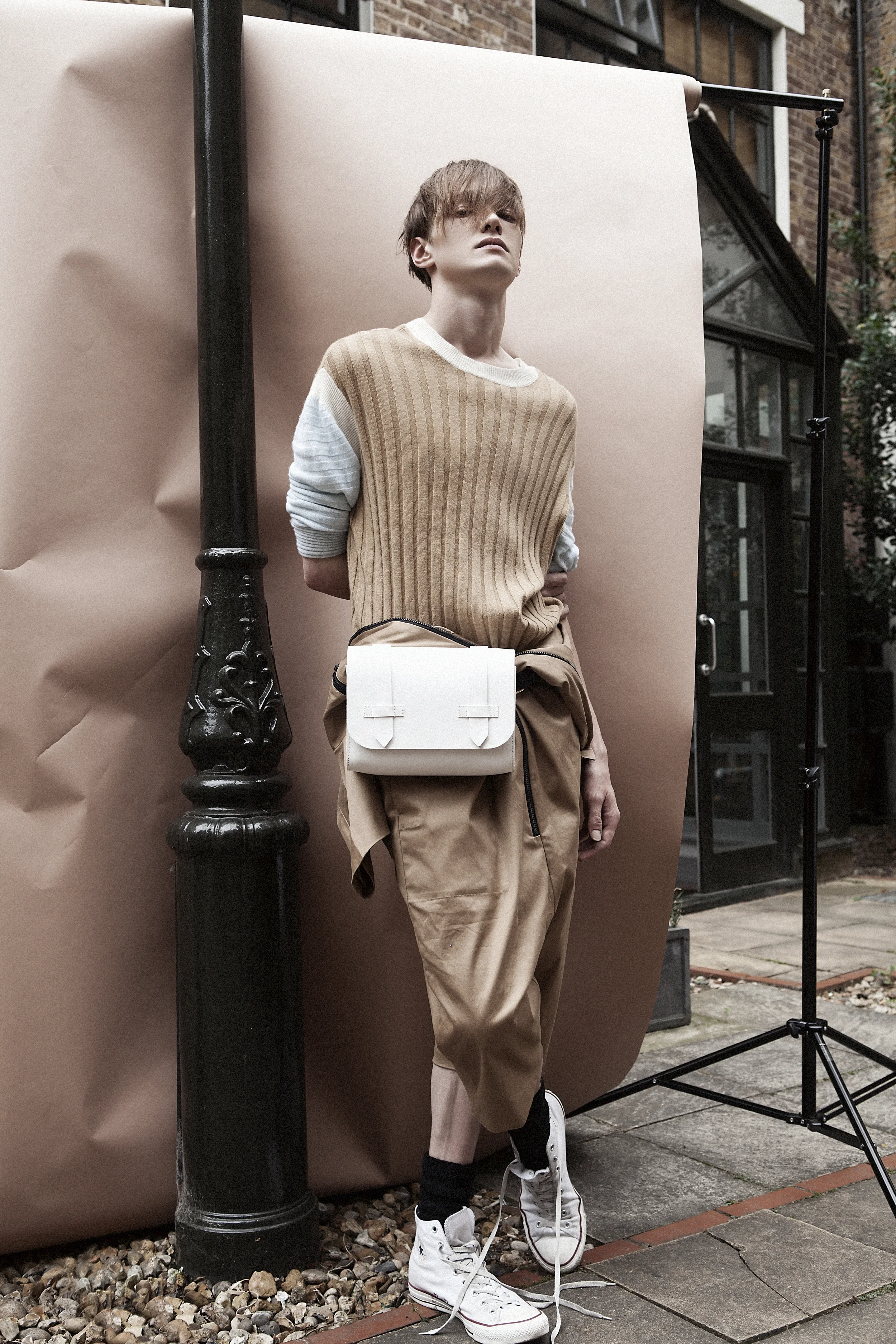Jumper by Min Pin Tien, Overall by Mohsin, Bag by Jamie Wei Huang and Shoes by Converse