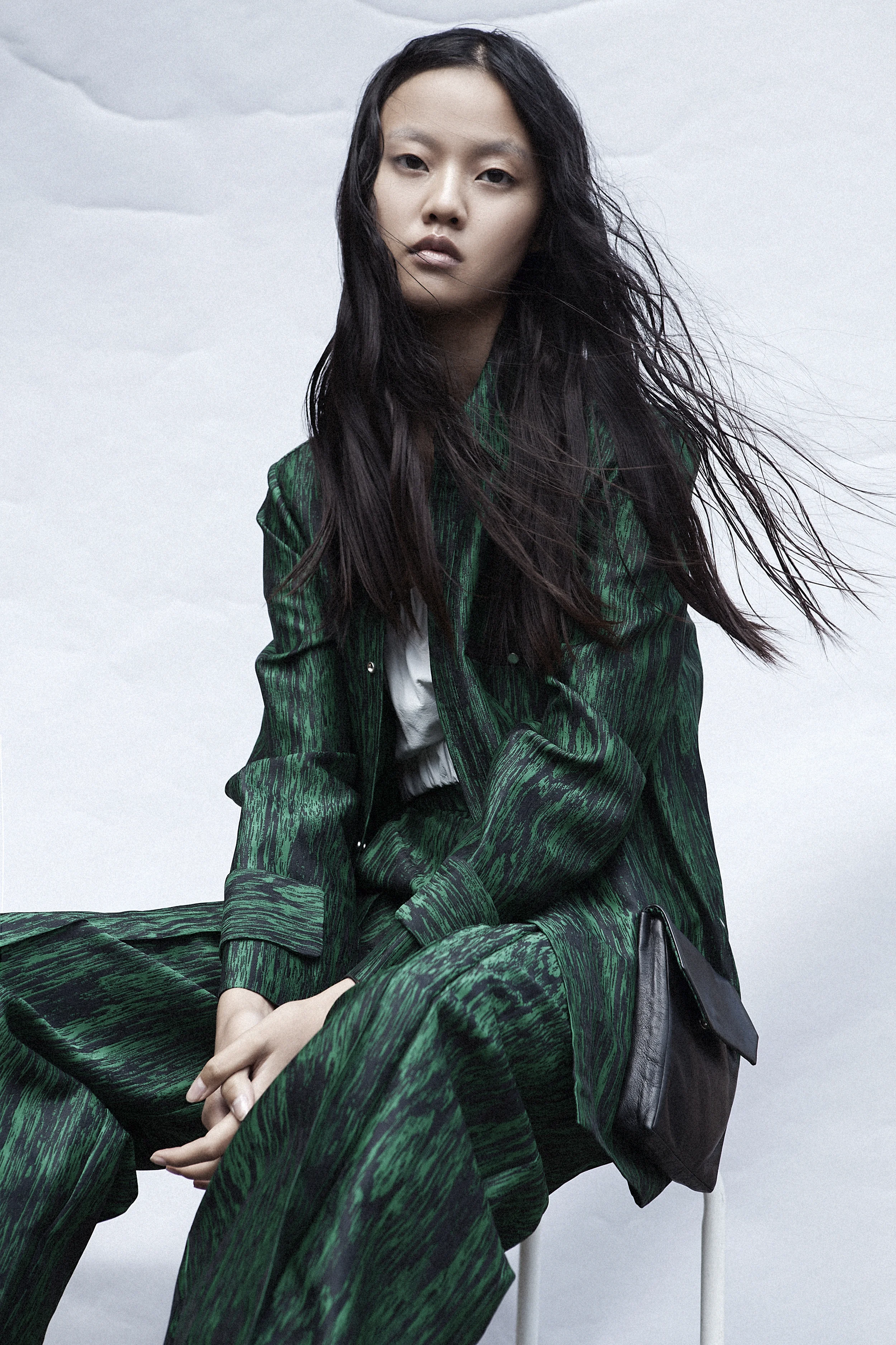 White Crop Top, Green Jacket and Trousers by Jamie Wei Huang