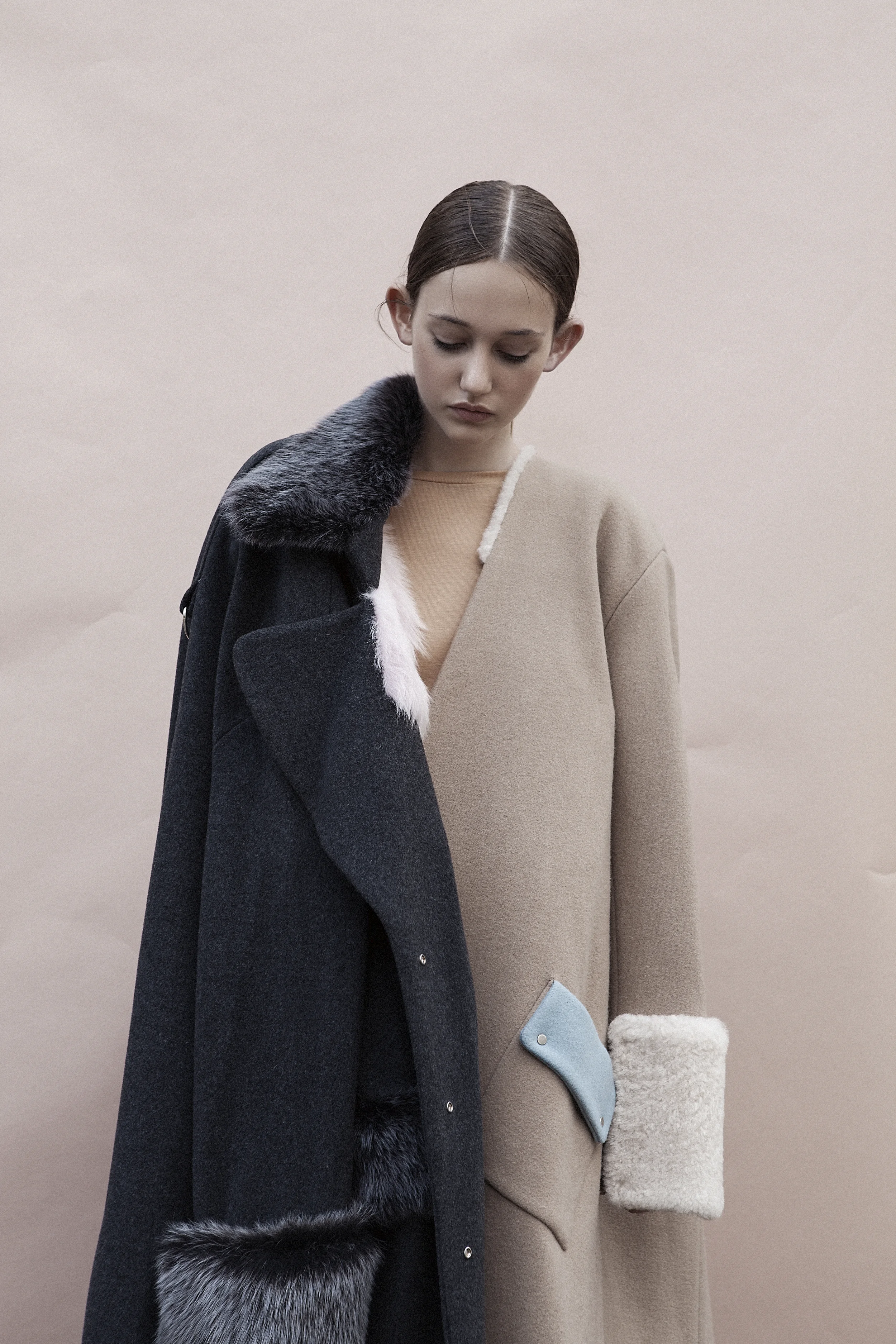 Top by Monki, Grey and Brown Coats by Ming Pin Tien