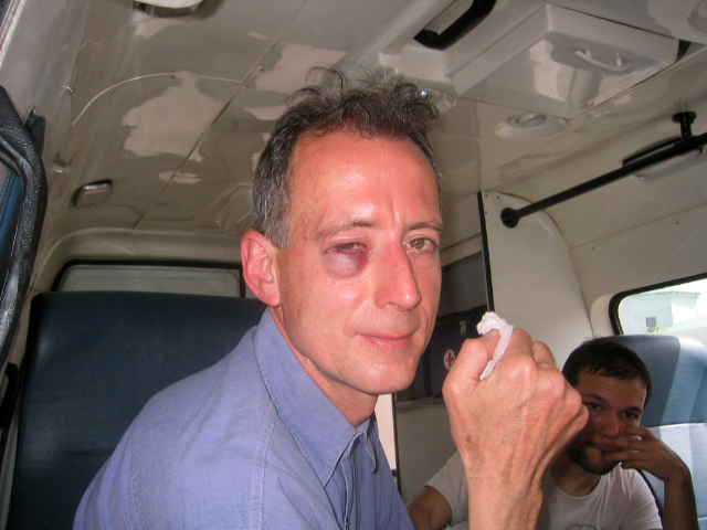 Moscow Pride 2007 - Tatchell - Police van with bloodied eye