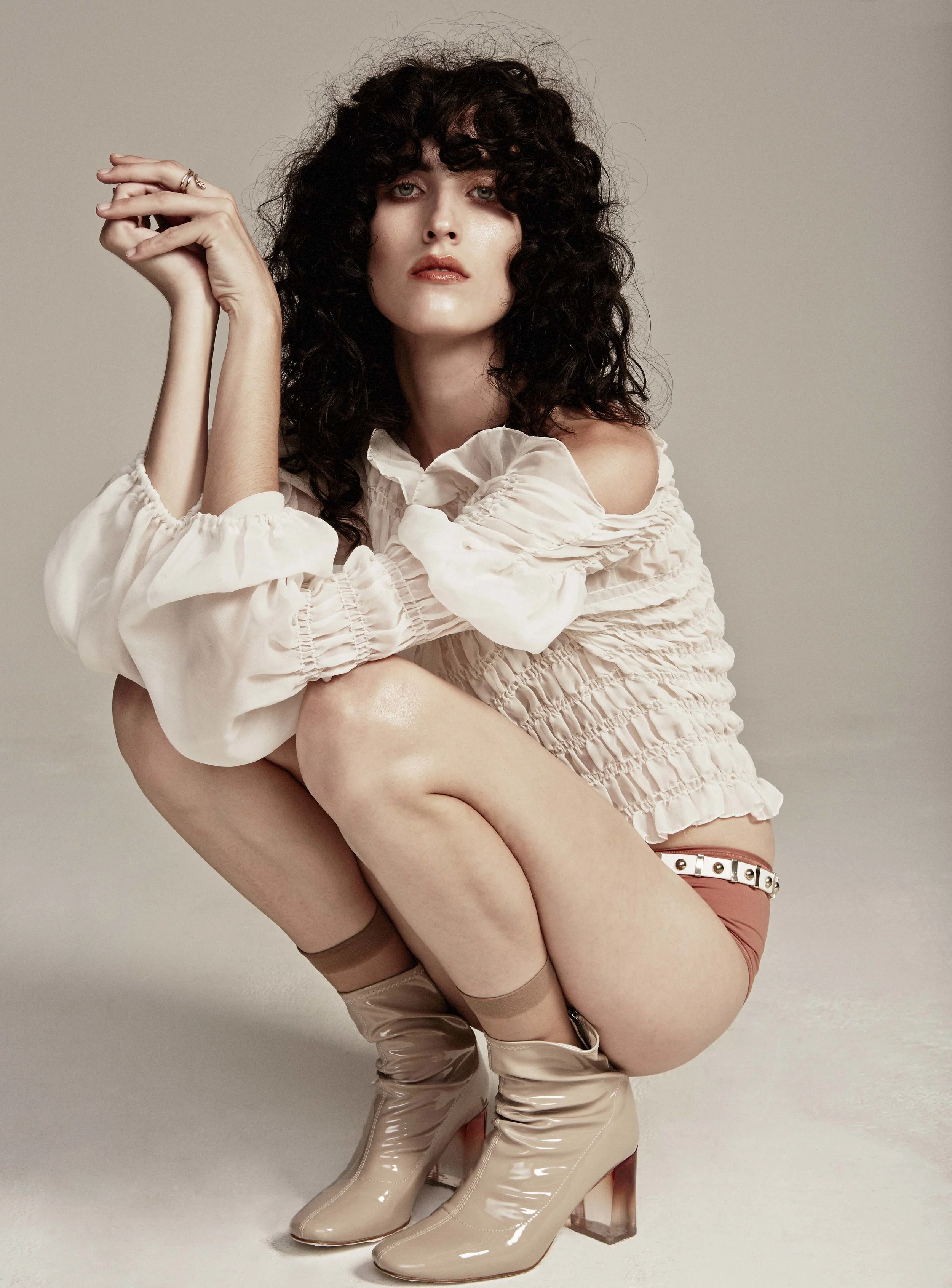 Stylist' own Blouse and Belt, Mesh Knickers by Eres, Stylist's own Socks and Boots