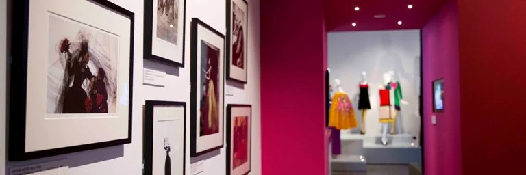 A view of one of the exhibition themes, 'Art' including the iconic Mondrian dress from the haute couture collection, fall-winter 1965