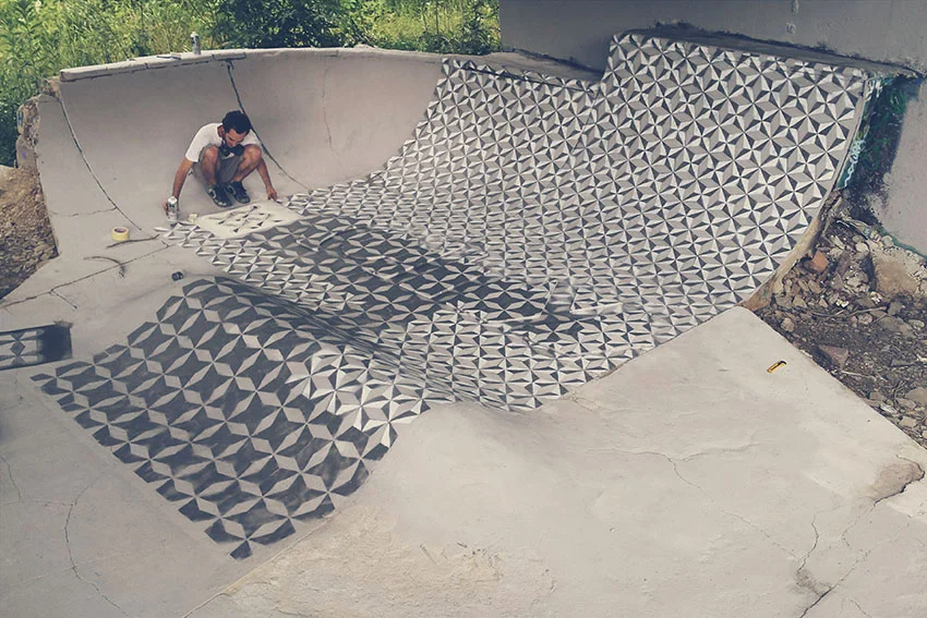 Intervention on a hidden skate spot floor in Hütteldorf ( Vienna) with Minuskula .