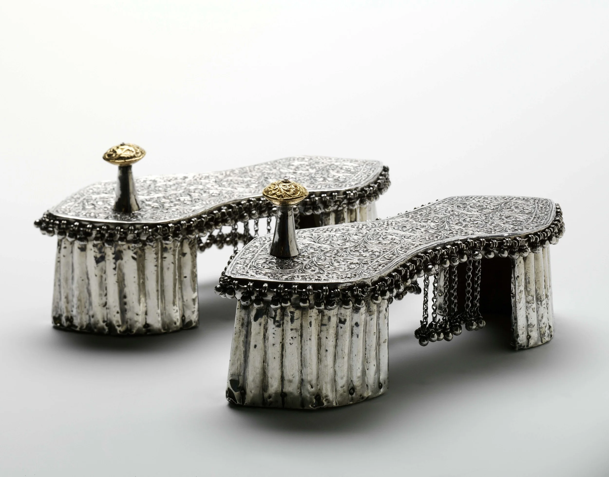 Chopines, Punched kid leather over carved pine, Venice, Italy, 1600s