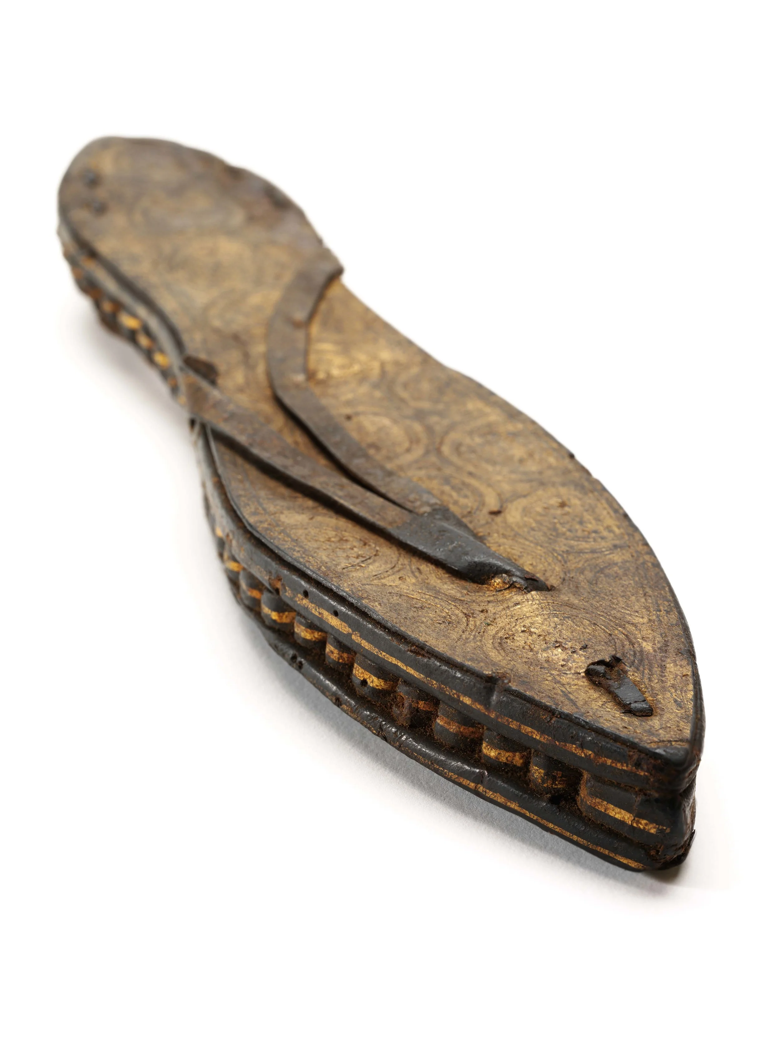 One sandal, gilded and incised leather and papyrus, Egypt, c30 BCE-300 CE
