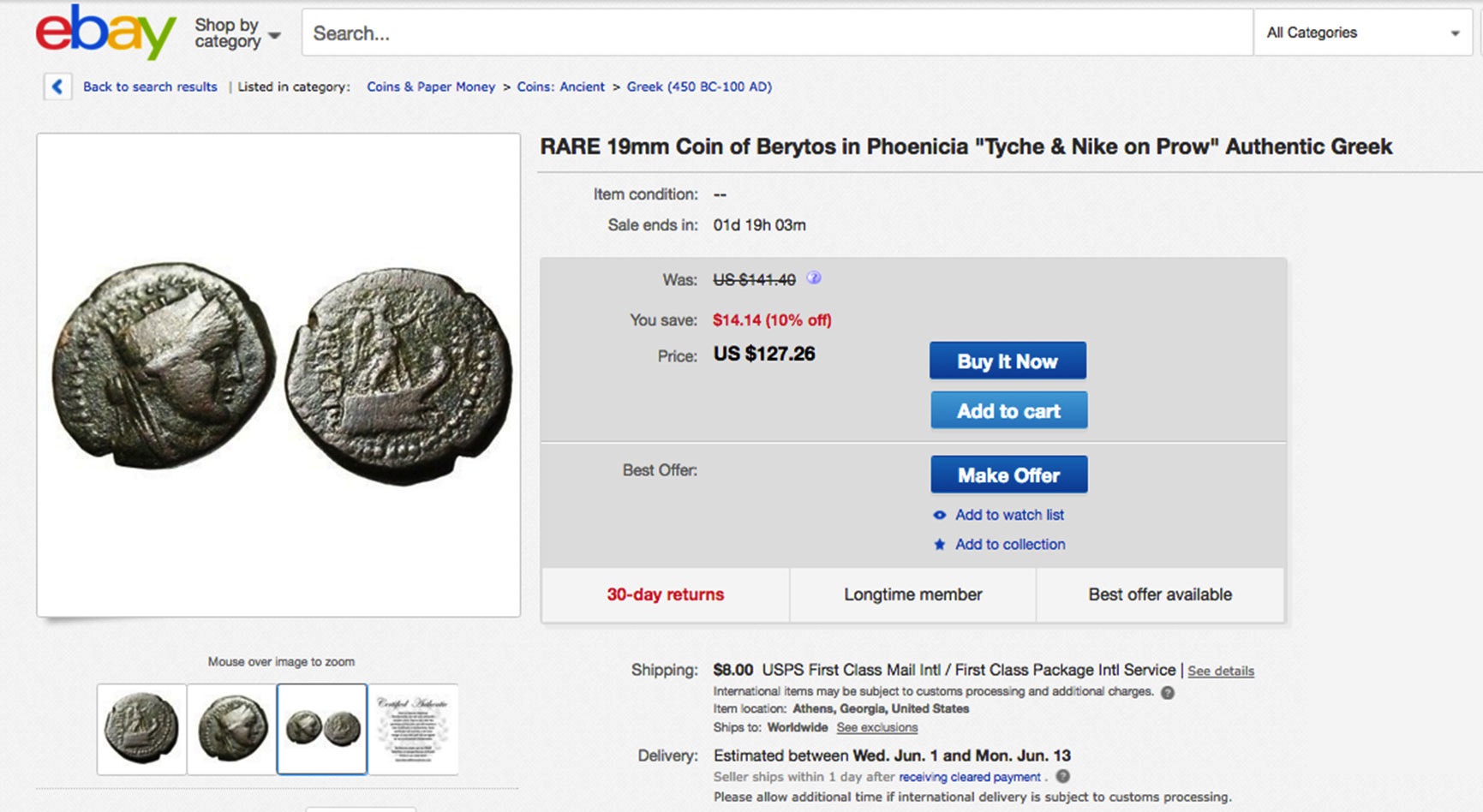 Historical artefacts believed to have been looted by ISIS, such as this coin of Berytos, clamming to be authentic, dating back to the time of Ancient Greece, appears on eBay.