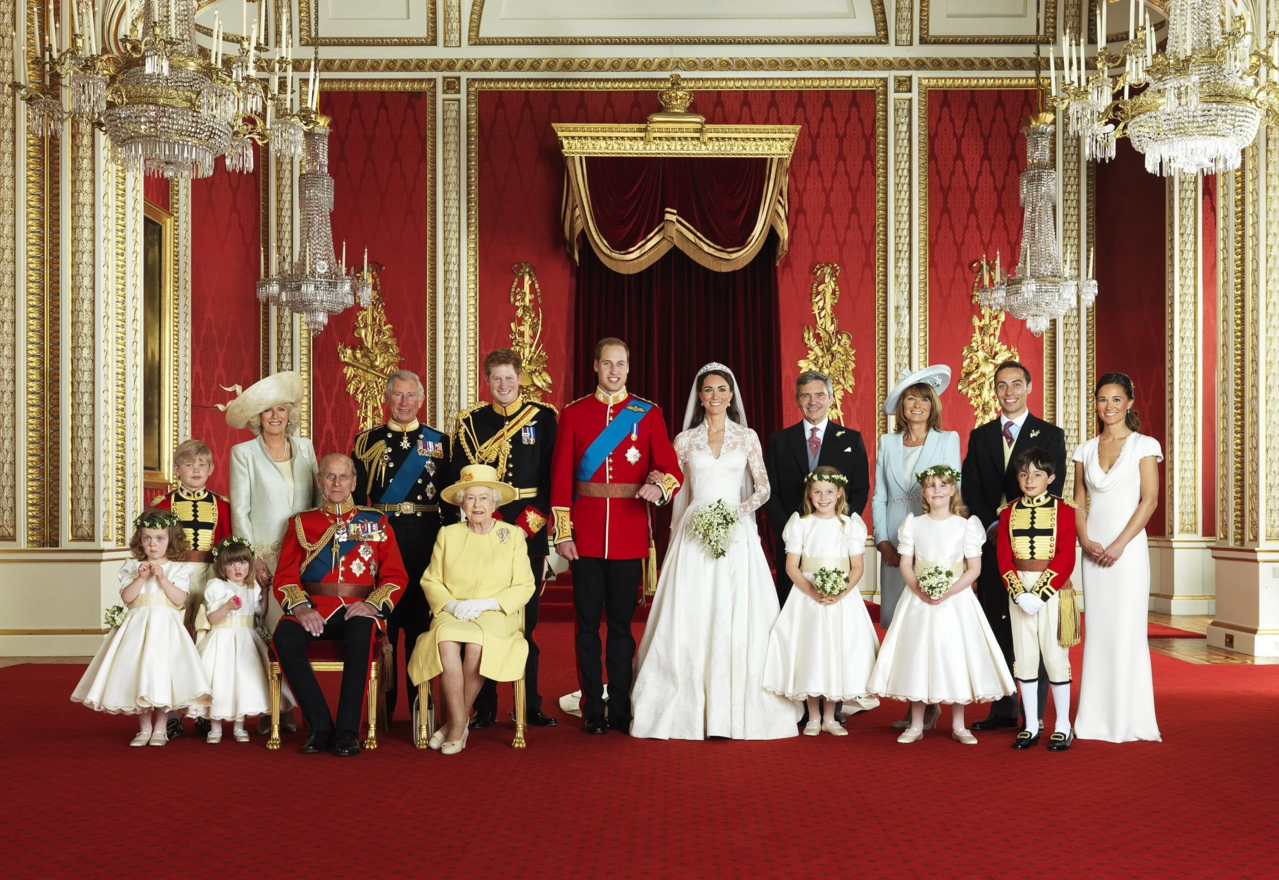 Wedding of Prince William and Catherine Middleton: Front Row left to right, Grace van Cutsem, Eliza Lopes, The Duke of Edinburgh, The Queen, Margarita Armstrong-Jones, Louise Windsor, William Lowther-Pinkerton. Back Row left to right, Tom Pettifer, Camilla, Charles, Prince Harry, Prince William and Kate, Michael Middleton, Carole Middleton, James Middleton and Philippa Middleton. Photo by Hugo Burnad/P ress Association, 29 April 2011.