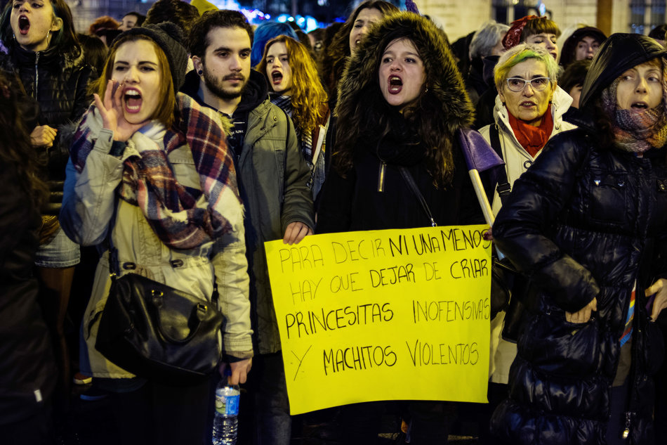 Women protesting against gender-based violence during a demonstration on Valentine's Day in Madrid, Spain on Feb. 14, 2016. Photo by Marcos del Mazo/Getty Images.