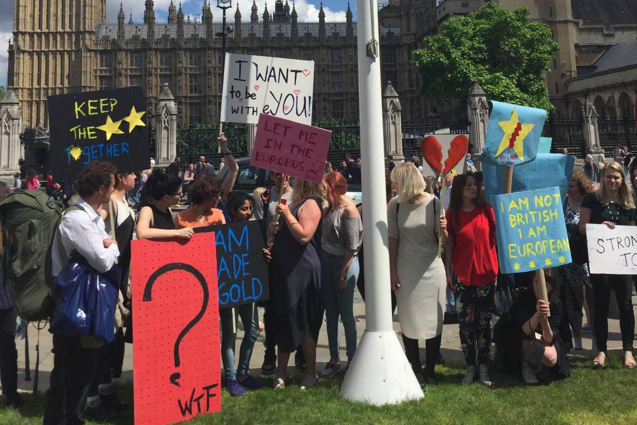 Young people gathered outside the Houses of Parliament after the result of the EU referendum was announced. Photo by Alex Rawlings.