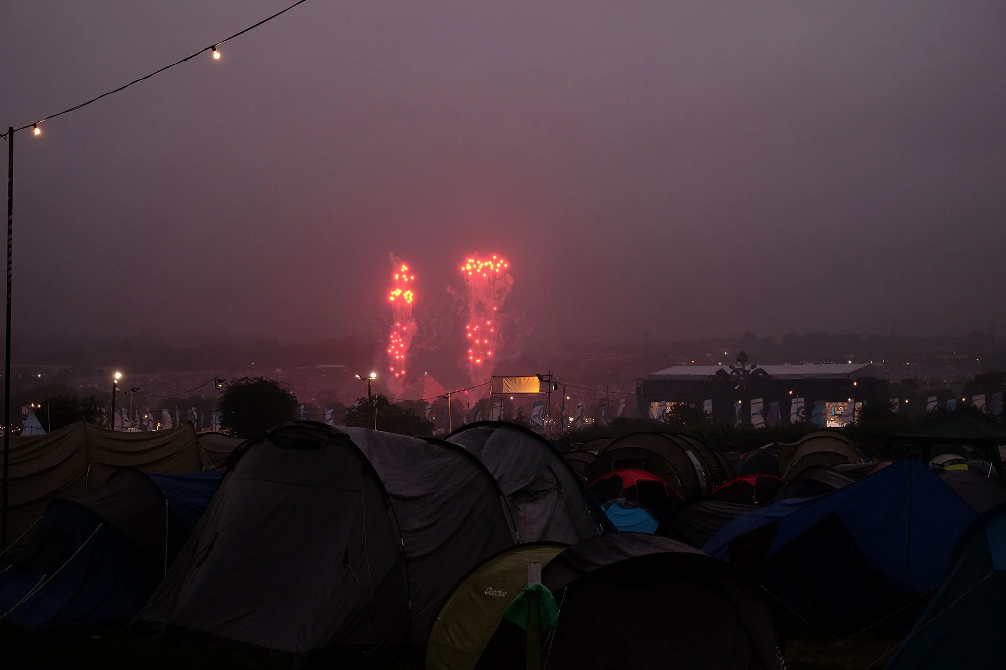 Fireworks seen from Glastonbury's camping site, 2016.