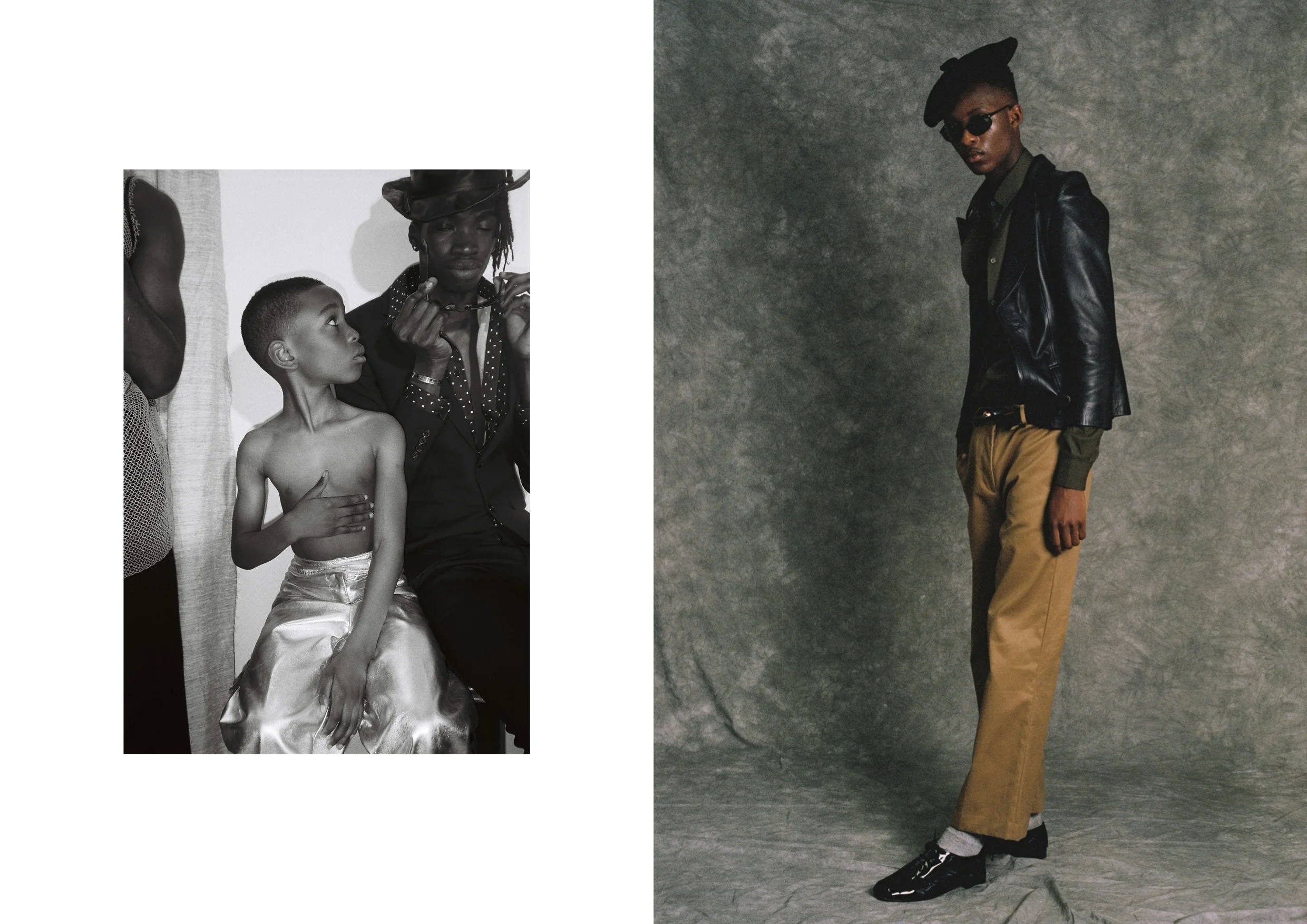 Left: Kyeem wears Trousers by Gray & Gray from Found & Vision Archive. Lance wears Trousers and Jacket by Hedi Slimane for Saint Laurent, Shirt by Acne, Hat stylist's own, Sunglasses by Careera from Rokit Vintage. Right: Rabbi wears Trousers and Shirt by Acne, Jacket Vintage Jaeger from Found and Vision Archive, Shoes by Repetto , Hat, Belt stylist's own and Sunglasses by Careera from Rokit Vintage.