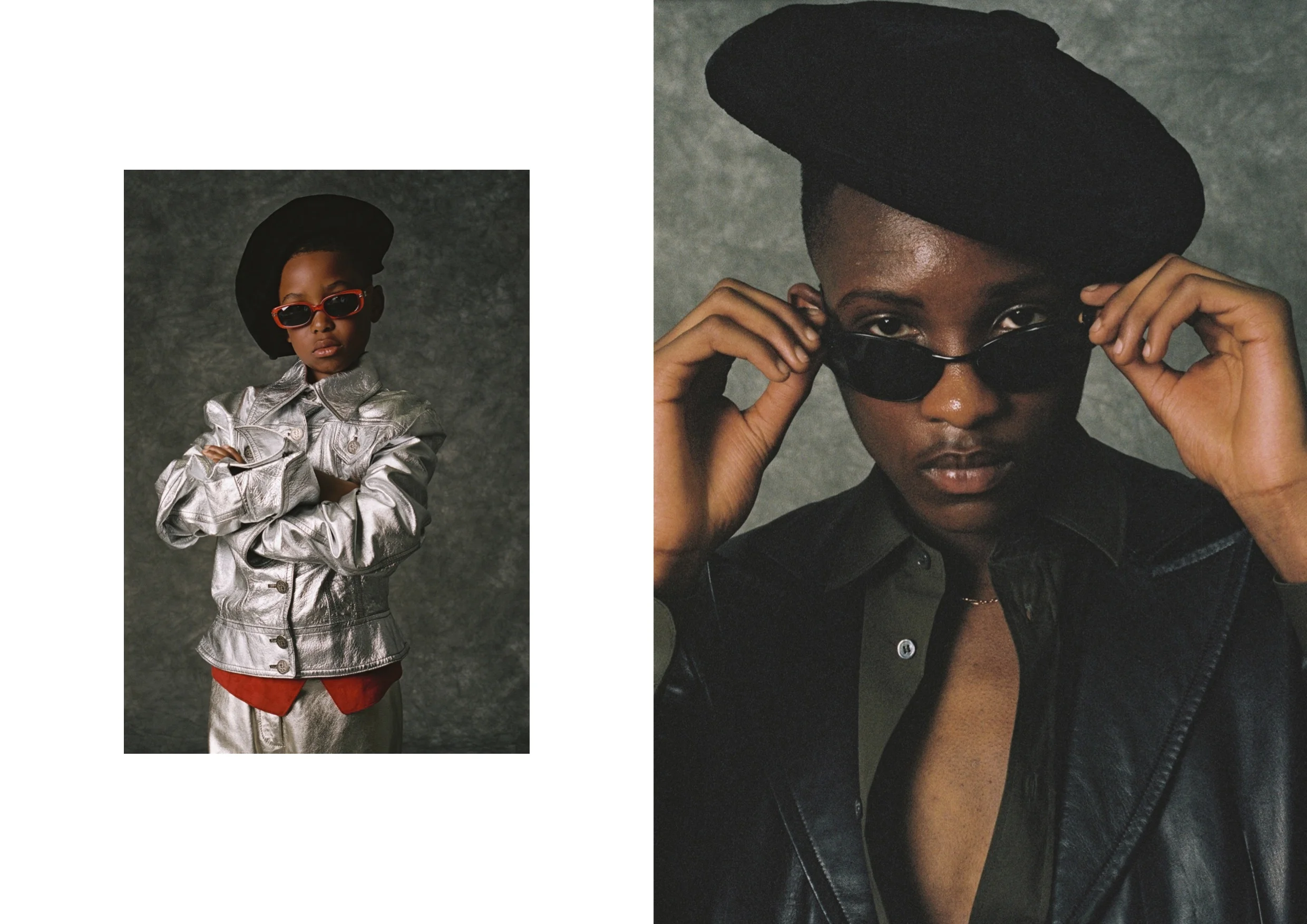 Left: Kyeem wears Trousers by Gray & Gray from Found & Vision Archive, Waistcoat and Hat stylist's own, Jacket by Anna Sui from Found & Vision, Sunglasses by Gucci from Rokit Vintage. Right: Rabbi wears Shirt by Acne, Jacket Vintage Jaeger from Found and Vision Archive, Necklace stylist's own and Sunglasses by Careera from Rokit Vintage.