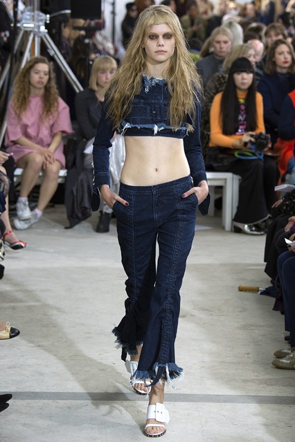 Frayed demin ensemble look from Marques’Almeida's Spring/Summer 2016 collection. Photo source: Vogue Runway.