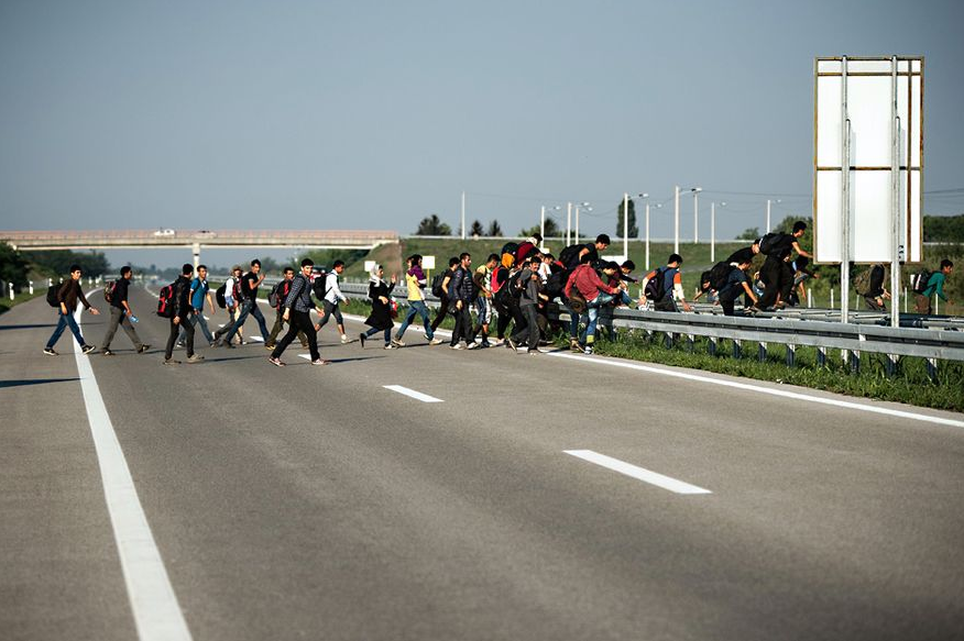 A group of refugees crossing a highway in Serbia near the town of Horgos. Photo by Andrej Isakovic/AFP/Getty Images.