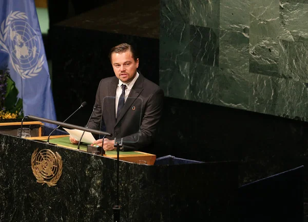 Leonardo DiCaprio speaking at United Nations on April 22, 2016 in New York City. Photo by Jemal Countess/Getty Images.