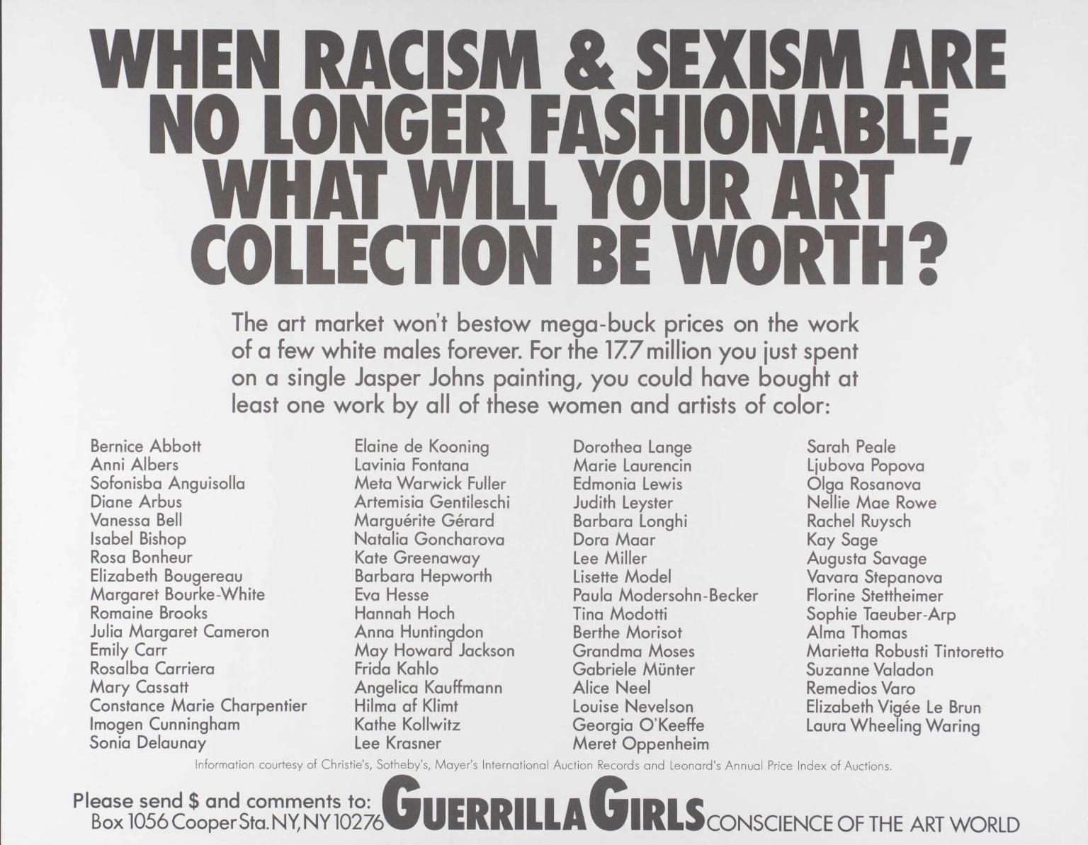 When Racism And Sexism Are No Longer Fashionable, How Much Will Your Art Collection Be Worth ? 1989 by Guerrilla Girls.