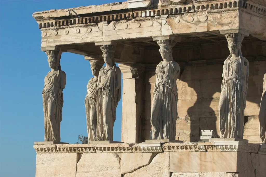 The Erechtheion, an ancient Greek temple on the north side of the Acropolis of Athens in Greece, built in 421 BC.