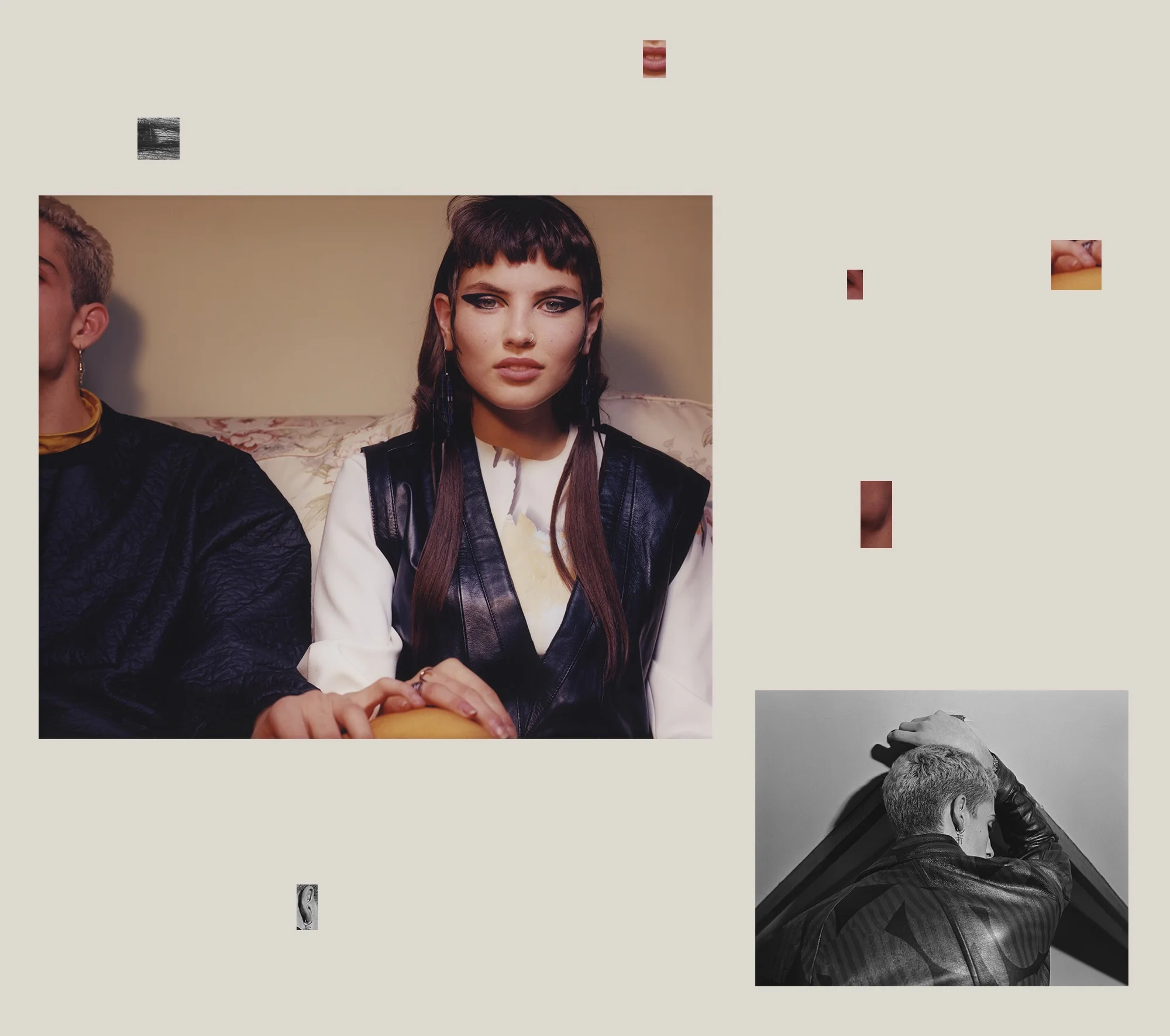 Top Left: Sinclair wears Top and Jumper by Berthold , Earring by Meadowlark . Angelina wears Top by Solace London , Gilet by Ganni, Earrings by Chalayan and Rings by Gaelle Khouri . Bottom Right: Sinclair wears Jacket by Wooyoungmi .