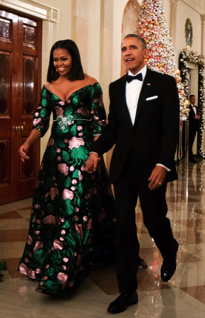 Michelle Obama and Barack Obama at Kennedy Center Honors ceremony, 2016. She wears a custom dress by Alessandro Michele at Gucci. Photo source: Getty Images.