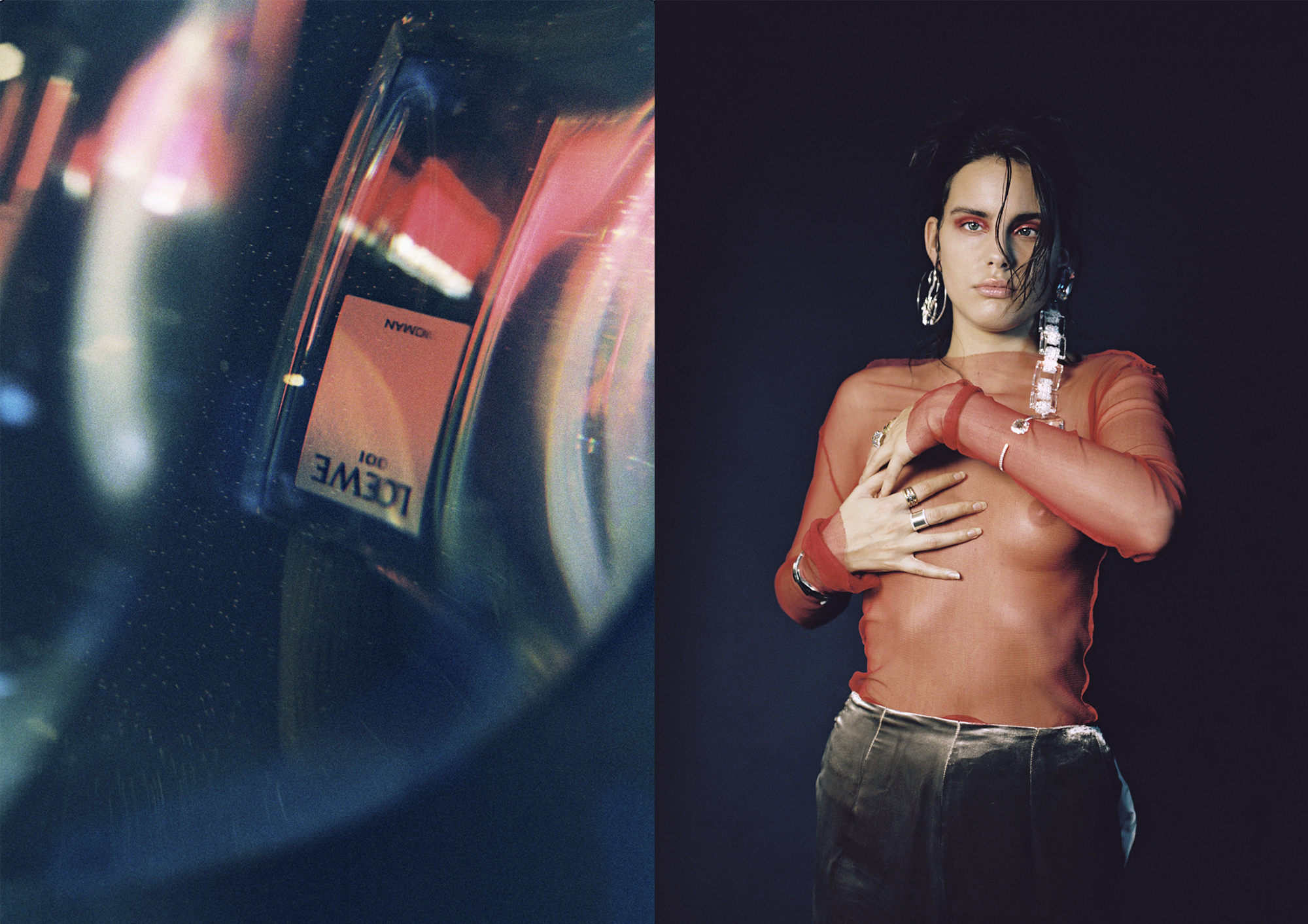Left: Perfume by Loewe . Right: Trousers and Top by Steve Smith , left Earring by O Thongthai , right Earring by Mimi Wade , Left Cuff by Saint Laurent , right Cuff by Vivienne Westwood , l eft Rings by Maison Margiela shop at LUISAVIAROMA.COM and Arabella Bianco at Vintage Modes , right Rings by Saint Laurent and Arabella Bianco at Vintage Modes .