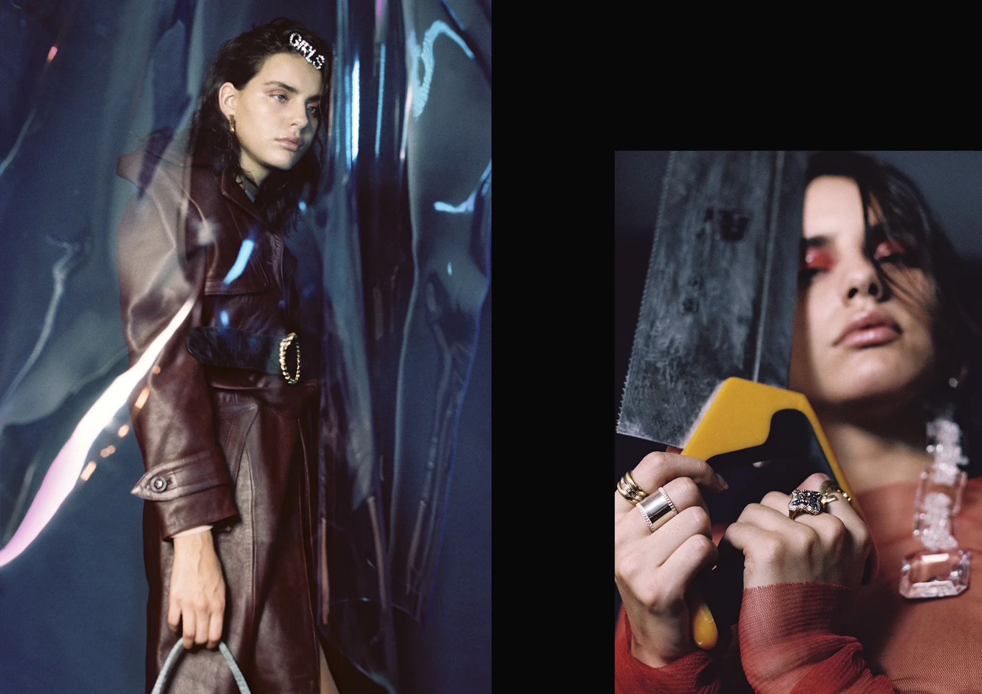Left: Coat by Vetements shop at LUISAVIAROMA.COM , Belt from Rokit , Bag by Shrimps , Hair Clip by Ashley Williams and Earring by O Thongthai . Right: Earring by Mimi Wade , l eft Rings by Maison Margiela shop at LUISAVIAROMA.COM and Arabella Bianco at Vintage Modes and right Rings by Saint Laurent and Arabella Bianco at Vintage Modes .