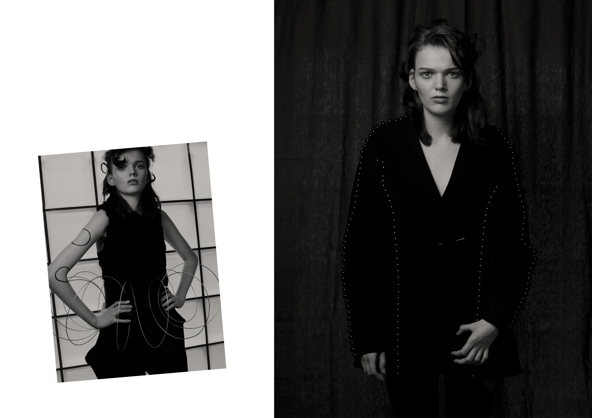 Left: Trousers by Yeojin Kim and Top by Yulia Kondranina . Right: Jacket by Yulia Kondranina .