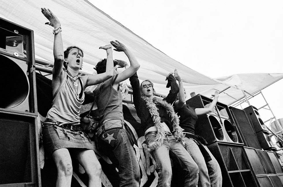 Czech girls raving onstage at Czechtek, 2004. Photo by Molly Macindoe.