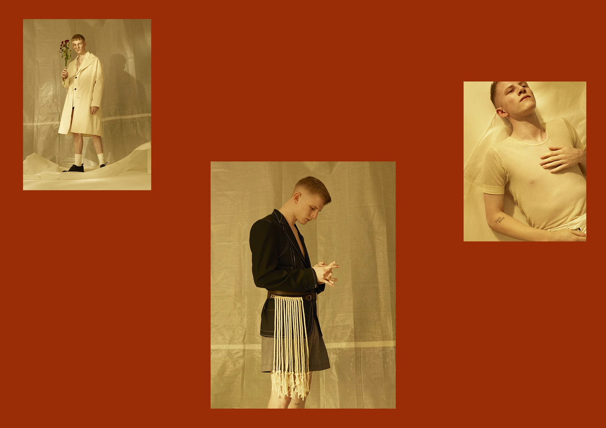 Left: Jacket and Coat by Lou Dalton , Socks by Falke and Shoes by Dries Van Noten . Center: Shorts by E. Tautz and Belt by Dries Van Noten . Right: Top by Dries Van Noten .