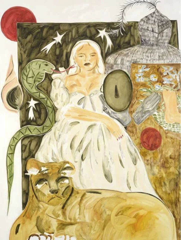 Lady, Three White Leopards Sat Under a Juniper Tree , 2017.