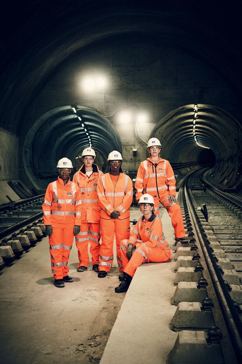Women working on London's Crossrail project. From left to right: talent and resources director Valerie Todd, sponsorship head Sarah Johnson, trainee quantity surveyor Fatima Alghali, global transport guru Isabel Dedring (seated), and civil engineer Linda Miller. Photo source: Jason Bell for British Vogue , 2016.