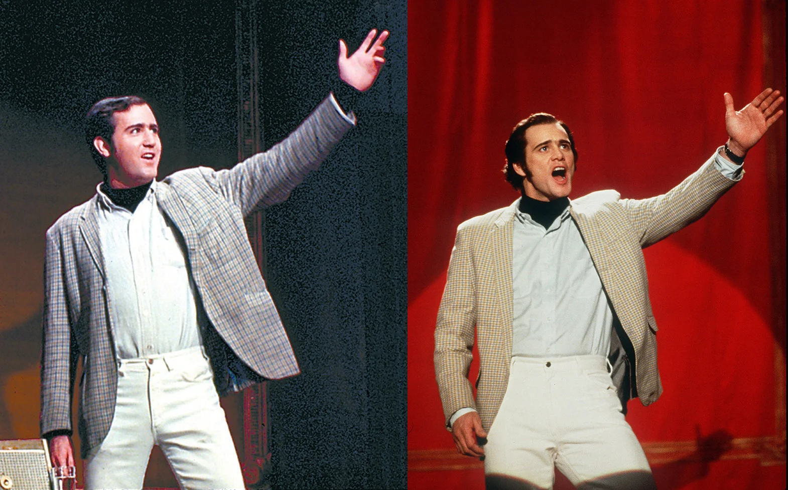 Left: Andy Kaufman on stage for his comedy set. Right: Jim Carrey as Andy Kaufman in a scenes from Man on the Moon, 1999). Photo source: The Hollywood Reporter .