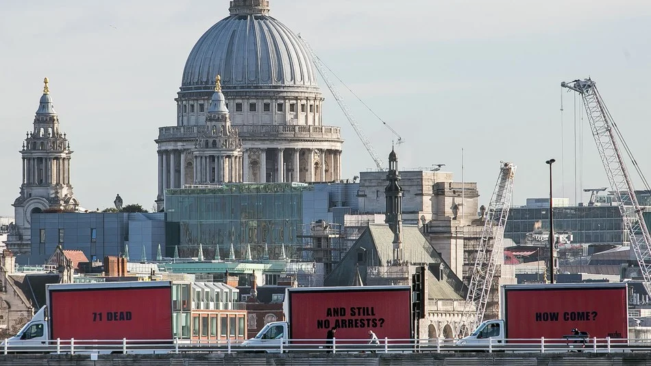 Inspired by the film 3 Billboards Outside Ebbing, Missouri , Justice4Grenfell campaign calls for change and justice with a moving billboard, carrying a message and questions around London city.